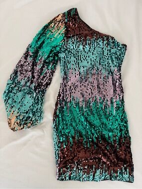 SHEIN BAE One-Shoulder Sequin Asymmetrical Dress in Teal, Pink, Brown, Gold